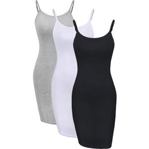 WILLBOND 3 Pieces Basic Cami Women Long Tanks Dress with Strap, Solid Color (Large)