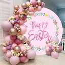 Renaiss 7.2x7.2ft Happy Easter Round Backdrop Cover Watercolor Pink Flower Easter Wreath Circle Photography Background Spring Easter Baptism Newborn Party Decors Easter Garland Arch Photo Booth Props