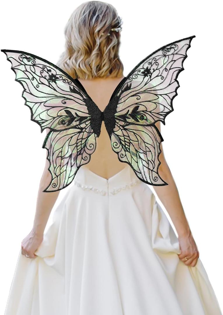ALIBBON Fairy Wings Transparent Fairy Wings Costume for Women, Butterfly Wings Dress Up Accessories (Black)