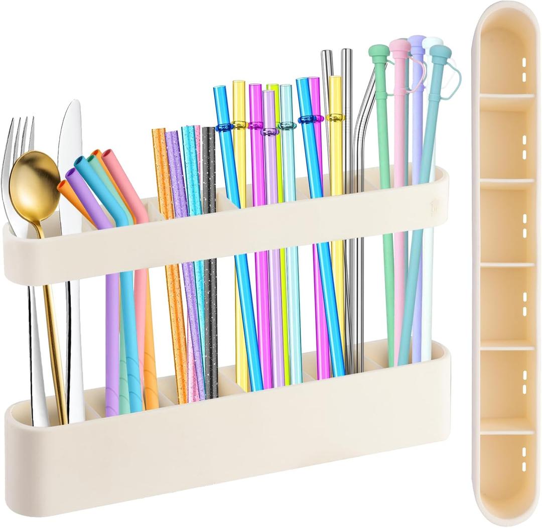 9.6'' Large Straw Holder for Cabinet Door, Soft Silicone Straw Organizer Storage Container, Space-Saving Reusable Straws Dispenser, Kitchen Organizer Accessories for Cabinet Cupboard Counter RVs