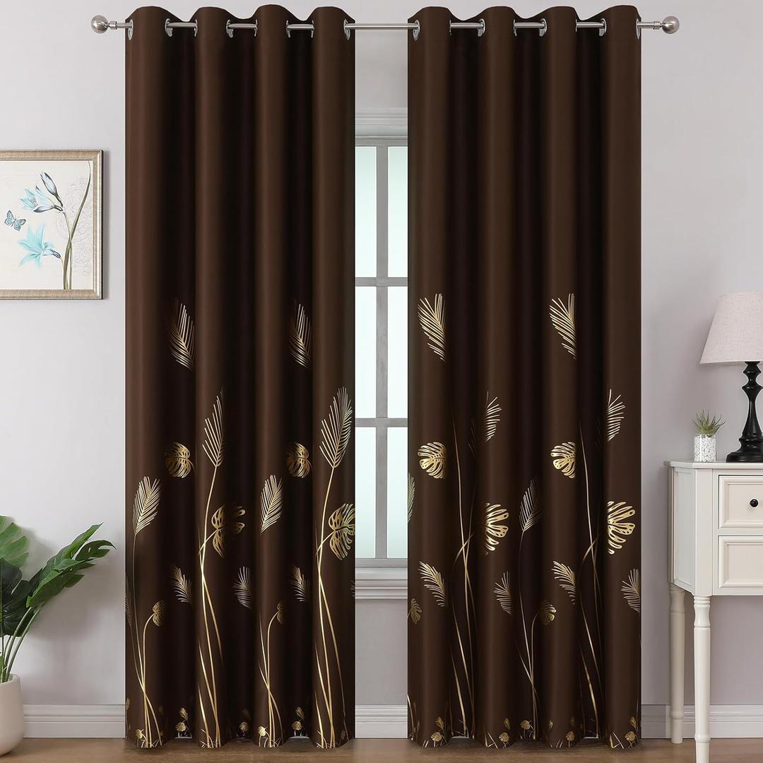 Estelar Textiler Brown Blackout Curtains for Living Room 96 Inches Long, Room Darkening Energy Saving Grommet Curtains for Bedroom, Gold Palm Leaves Printed Window Drapes, 52Wx96L, 2 Panels