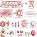 Donut Sweets Birthday Party Supplies, Donut Style Party Decorations Include Happy Birthday Banner, Backdrop, Tableware Set, Tablecloth, Cake Toppers, Cupcake Toppers, Latex Balloons, Hanging Swirls