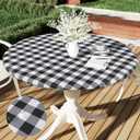 Smiry Round Picnic Tablecloth, Elastic Waterproof Fitted Vinyl Tablecloths for 42"-50" Tables, Flannel Backed Buffalo Plaid Table Cover for Dining, Camping, Outdoor, Black and White