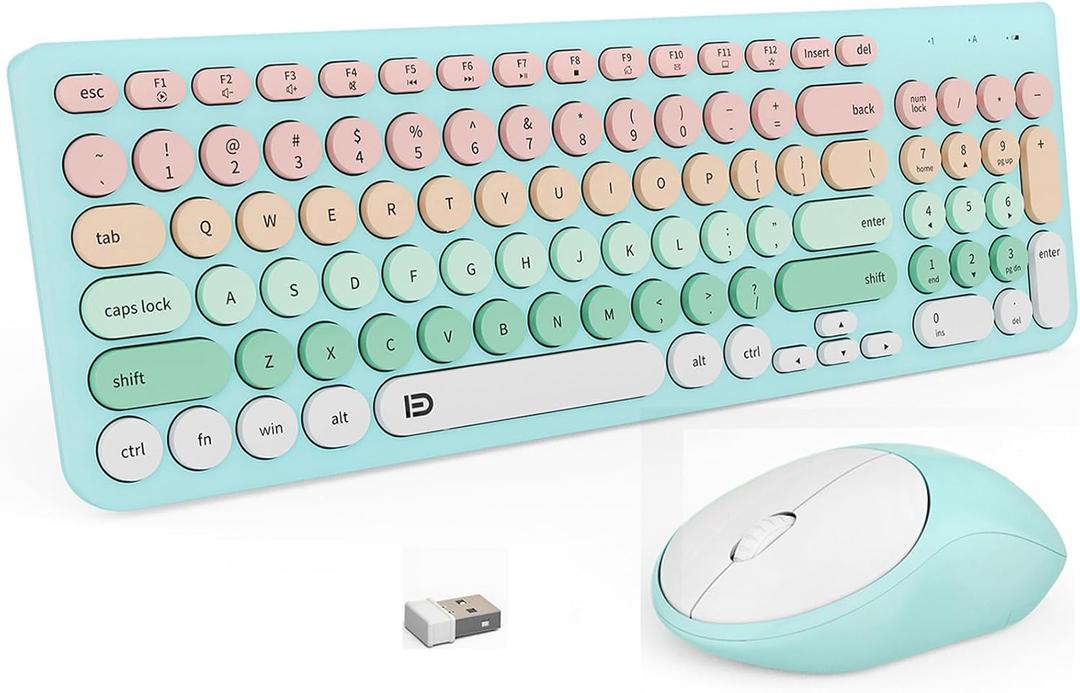 FD Wireless Keyboards and Mouse Combo - 2.4GHz USB Cordless, Cute Wireless Keyboard Round Keys, Quiet and Slim Set for Laptop, Computer, TV and Mac - Blue Pale Green Colorful