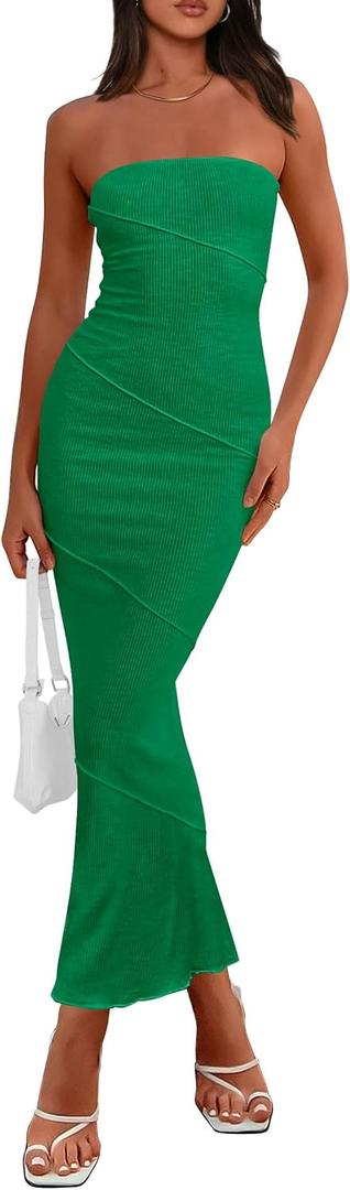 PRETTYGARDEN Women's Ribbed Maxi Bodycon Dress Summer Strapless Tube Y2K Party Club Long Dresses (Green, XS)
