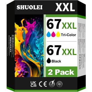 67XL Black/Color Ink Cartridges (2 Pack) Replacement for HP DeskJet 2855e 4255e 4155 2755e 4110e 2720e 2722 Envy 6055e 6458e 6010e 6020e Envy Pro 6455e 6475 Printer High-Yield Inkjet