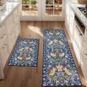 Brevoscht Vintage Boho Floral Bird Kitchen Mat Set of 2, Blue Kitchen Rugs and Mats Non Slip Washable, Home Decor Low-Profile Kitchen Floor Mat (17x30+17''x47'')