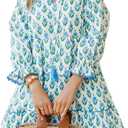 Women's Boho Floral Mini Dress Printed Tiered Ruffle Long Sleeve V Neck Summer Dress (White, M)