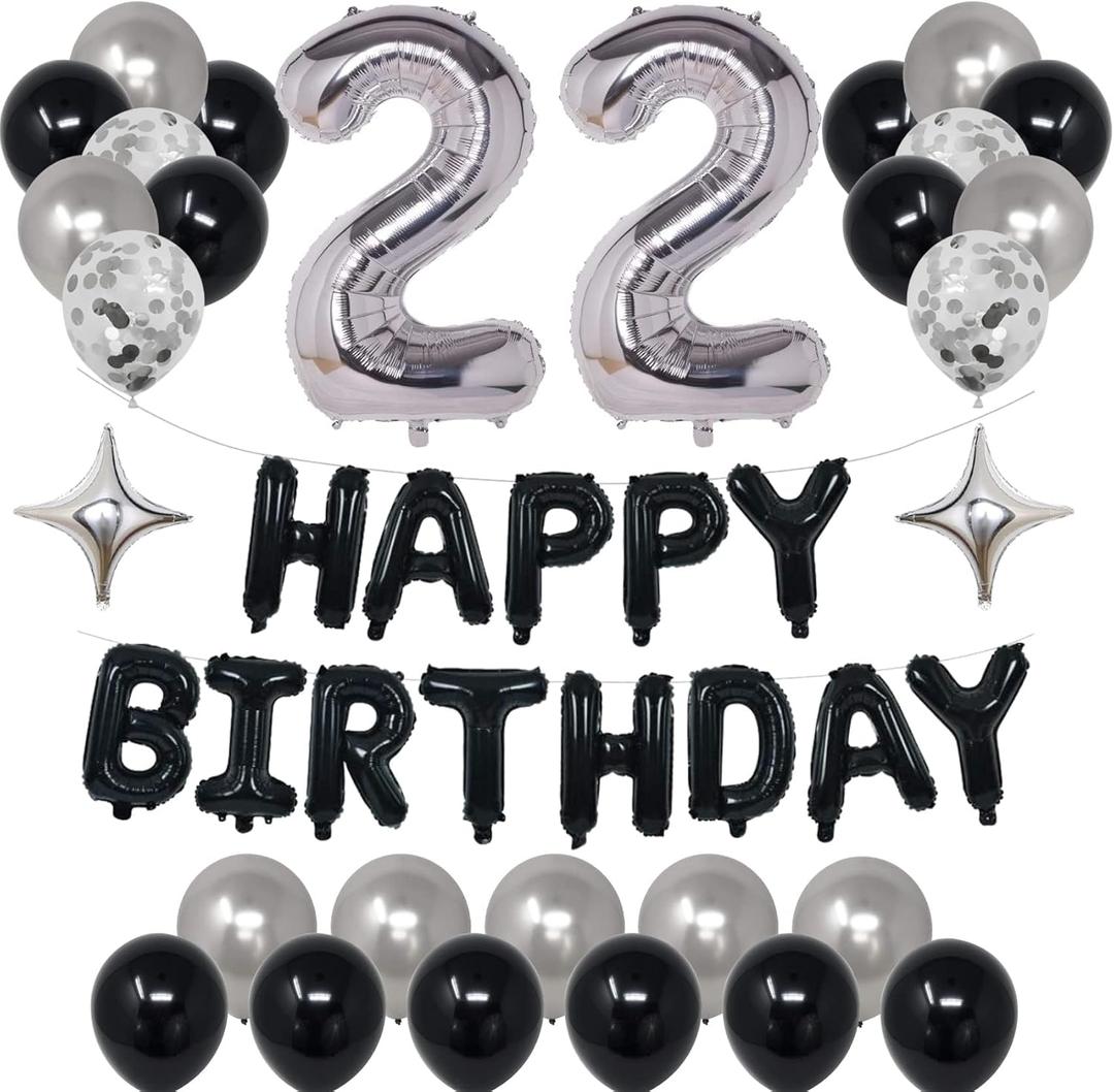 22nd Black Silver Birthday Party Decorations for Men Women, Happy 22 Birthday Party Supplies with Black Happy Birthday Banner,22 Number Balloons, Silver Foil Stars, Happy Birthday Balloons for 22nd Birthday