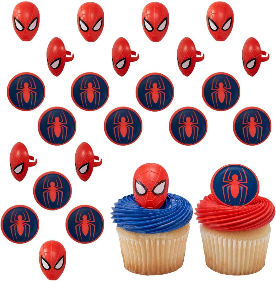 DecoPac Marvel's Spider-Man Spider and Mask Rings, Spider-Man Cupcake Decorations, Red and Blue Food Safe Cake Toppers 24 Pack