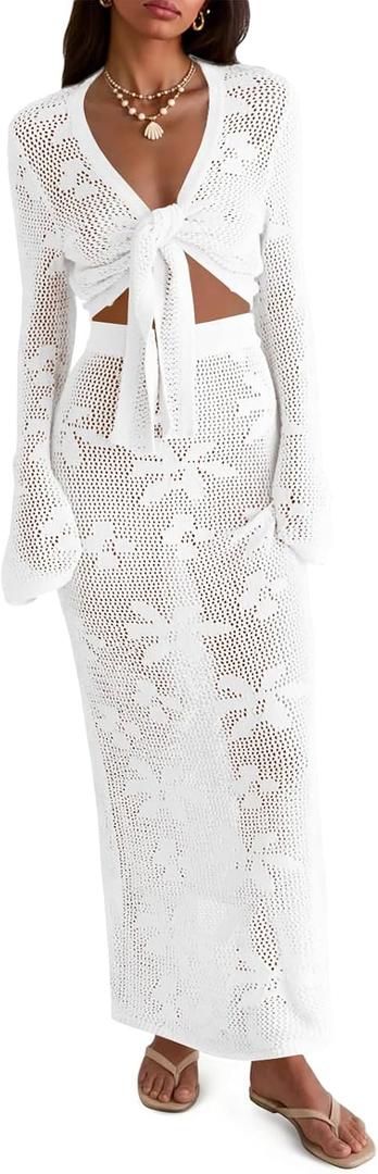 Saodimallsu Womens Crochet Swimsuit Cover up Beach 2 Piece Swimwear Set | Bathing Suit,Crochet Sets,V Neck,Bikini Coverup,Long Sleeve,Pants,Maxi Dress,Skirt,Resort Wear,Sheer,Wrap,Tie,Crop, Boho, Medium