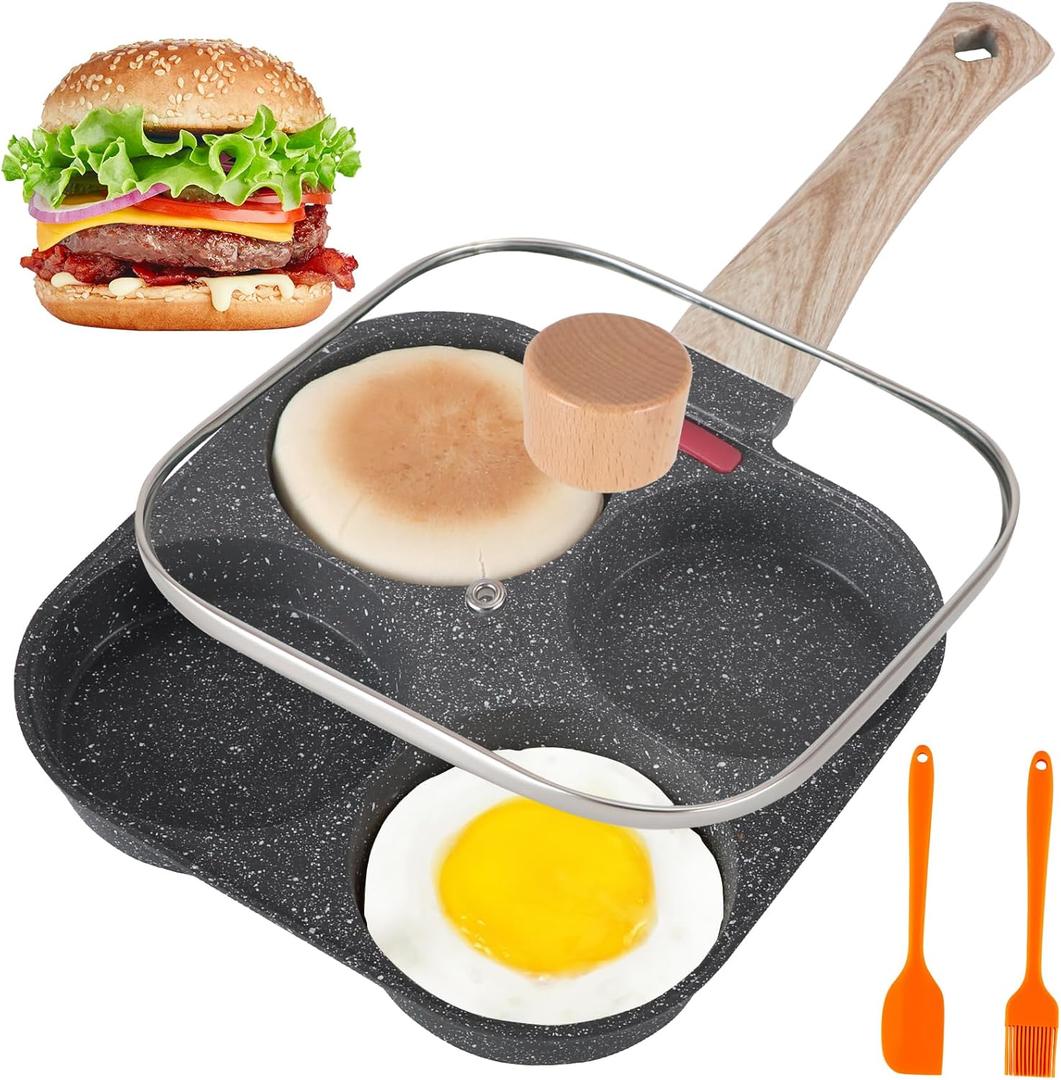 AHFLRTO 4 Cup Egg Pans Nonstick, Aluminum Omelette Pan with Lid, Healthy Egg Skillet for Eggs, Pancakes, Crepes, Sandwiches, Compatible with Gas Stove & Induction Cooktop