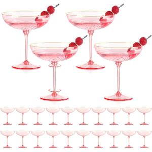 24 PCS Plastic Coupe Glasses 9 oz Pink Detachable Gold Rim Martini Glass Espresso Champagne Cocktail Cups Disposable Vintage Margarita Glassware for Birthday Baby Shower Wedding Bachelorette Party