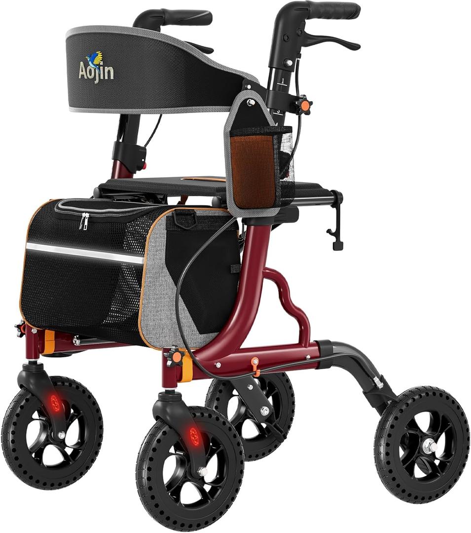Aojin Rollator Walker for Seniors with Seat, Lightweight & Foldable, 8" All-Terrain Wheels, 18" Big Seat, 6-Level Adjustable Height Rolling Walker, 350 lb Capacity, Burgundy
