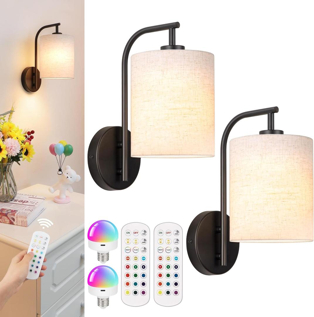 Battery Operated Wall Sconce Set of 2, Black Rechargeable Wireless Wall Light Fixture with Remote, 12 RGB Colors & Timer, Indoor Dimmable Wall Lamp with Linen Shade