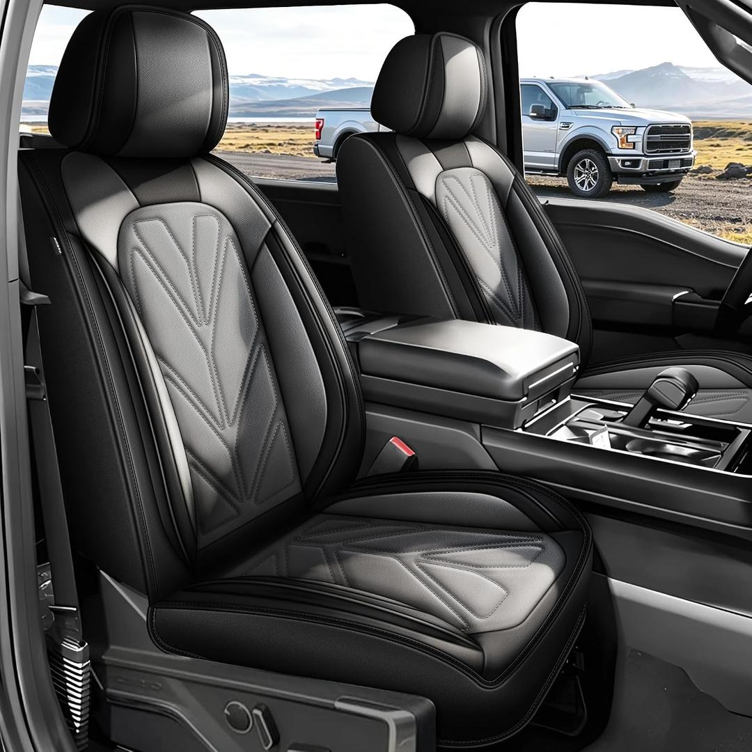 Ford F150 Seat Covers Custom Fit for Ford F150 2009-2025 2026 and F250 F350 F450 2017-2025 2026 -Airbag Compatible, Pure Black Waterproof Faux Leather Car Seat Cover(Full Set, Black&Grey