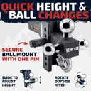 Vehiclex 6" Adjustable Drop Hitch for 2" Receiver, Heavy-Duty Tri-Ball & Tow Hook with Keyed-Alike Pin Locks for SUVs & Light-Duty Trucks, Solid Steel Design