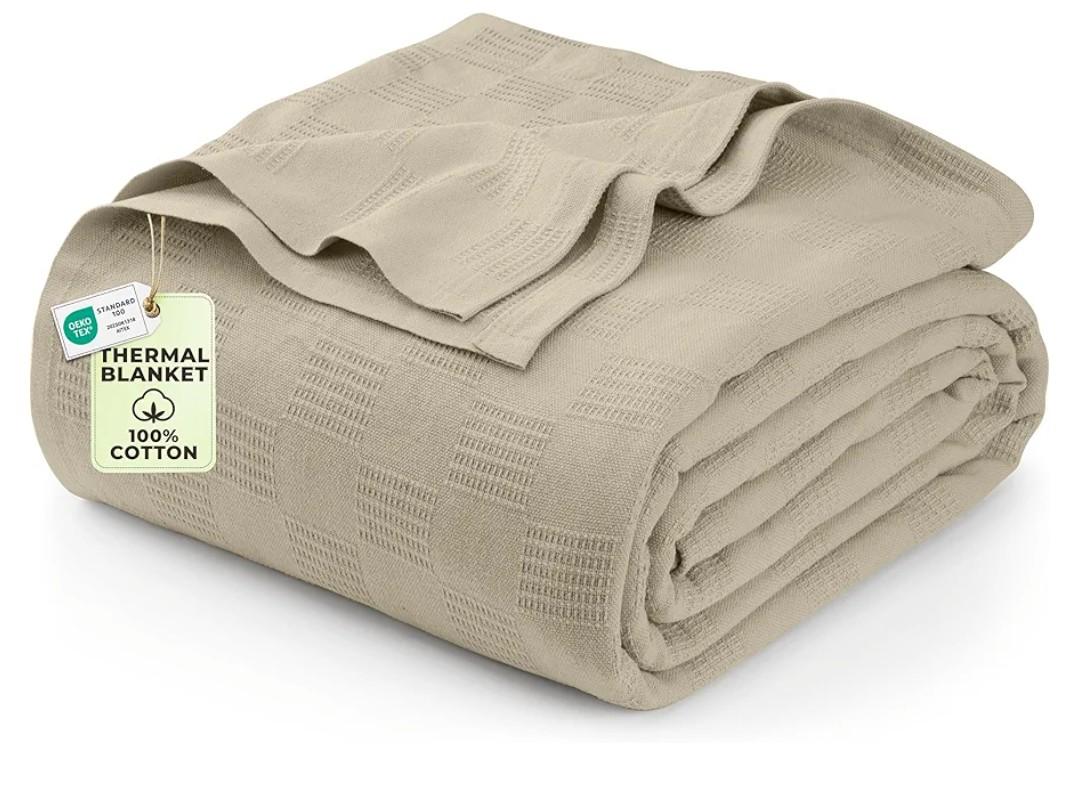 Utopia Bedding Khaki 100% Cotton Blanket [Queen Size - 90x90 Inch] 350GSM Lightweight, Soft and Breathable Thermal Blanket for All Seasons