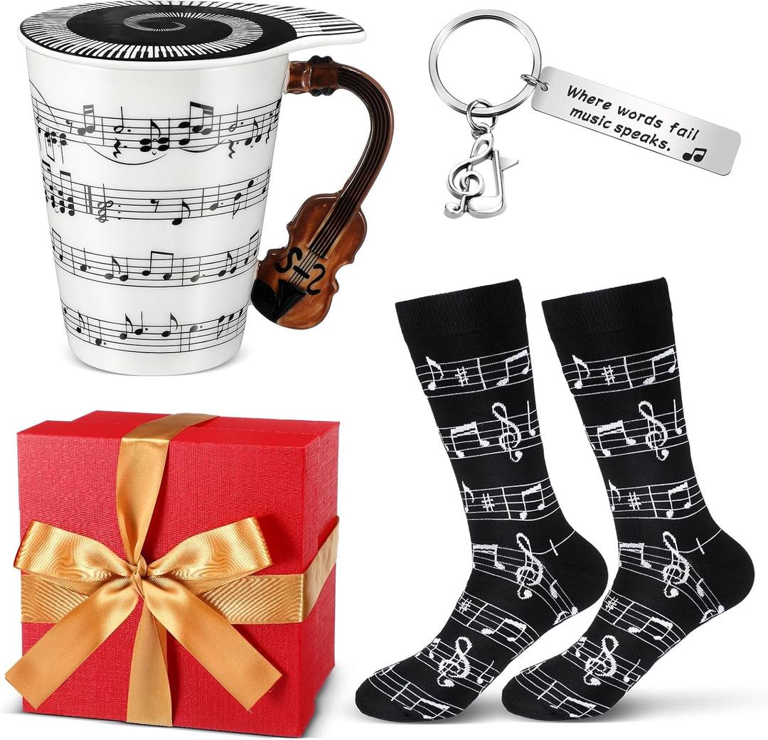 Tioncy 4 Pcs Music Lover Teacher Gifts, Music Coffee Mug Cup with Lid, Note Socks, Keychain, Red Gift Box for Graduation Birthday Christmas Students Men Women Band Teacher Musician(Violin)