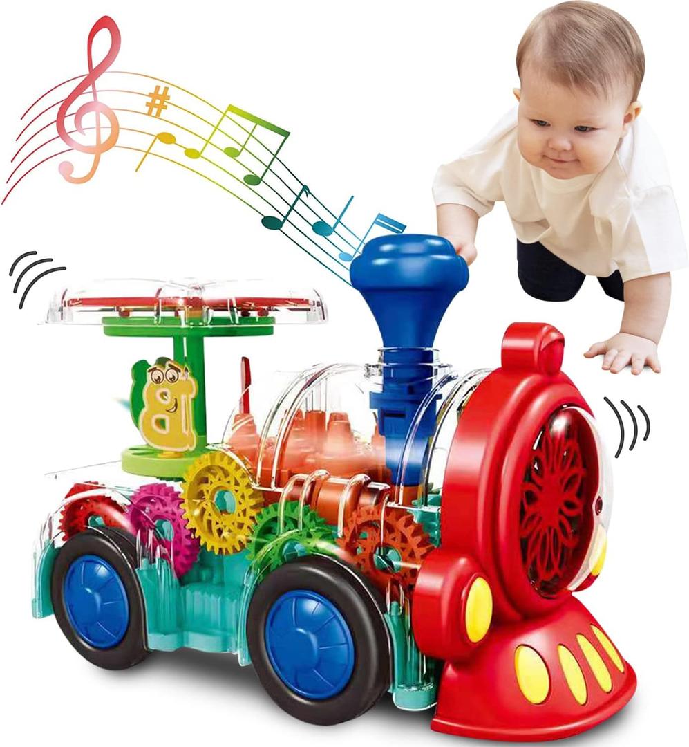 Transparent Sensory Train Toy -Interactive Light up Toys for Kids- Musical Train Toys with LED Light for Toddlers- Colorful Moving Gears- Tummy Time Crawling Baby Toy