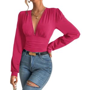 SURRO Women's Bodysuit Shirts Elegant Deep V Neck Leotard Blouses Long Sleeve Belly Hiding Tops Hook Closure (Blue, M)