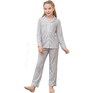 Veseacky Unisex Girls Boys Pajamas Long Sleeve Sleepwear Button-Down 2 Pcs Pjs Set for 130, Light Grey Pink Star
