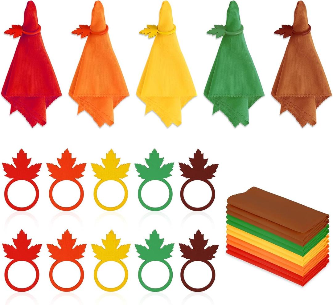 Whaline Fall Thanksgiving Napkin Rings Set of 20, 10 Pcs Wooden Maple Leaf Napkin Ring Holders with 10 Pcs Fall Cloth Napkins for Thanksgiving Table Decorations, Fall Banquet, Holiday Dinner Party