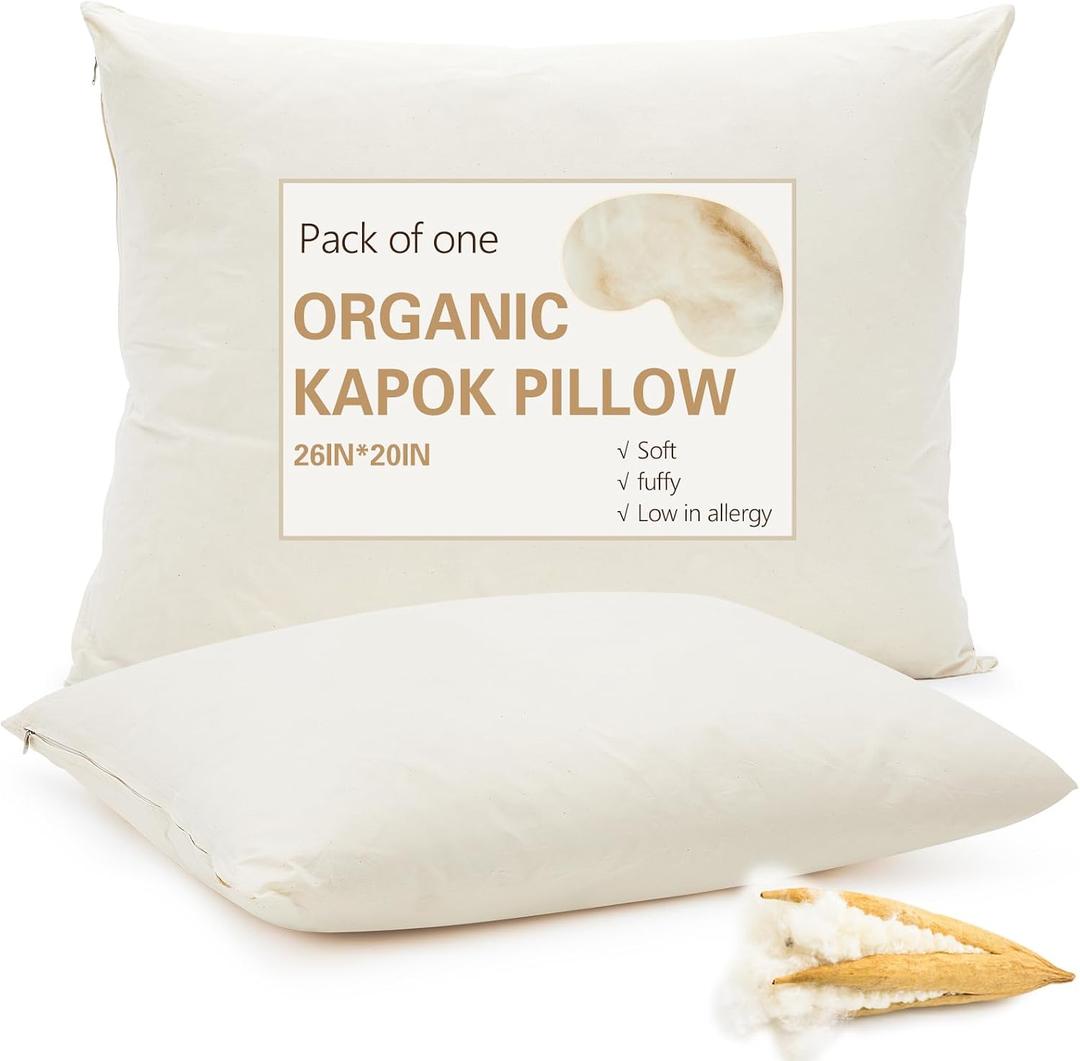 Leinuosen 1 Pack Organic Kapok Pillow 26" x 20" Natural Kapok Fiber Filled Sleeping Pillows with Breathable Cotton Shell, Adjustable Height Soft and Supportive for Comfort Sleeping(Classic)