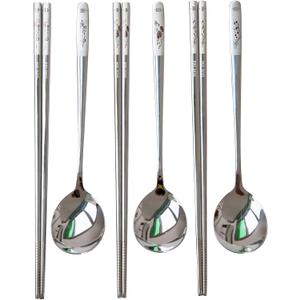 Reusable Chopstick and Spoon Set, Korean Long Handle Stainless Steel Spoon and Chopsticks Set, Dishwasher Safe Metal Chop sticks, Set of 3. (Multi-patterned)