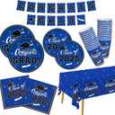 Graduation decorations 2025 Gatherfun 2025 Graduation Party Dinnerware Set Blue Disposable Paper Plates Napkins Cups Tablecloth Banner for Congrats Grad Party Decorations, Serve 25