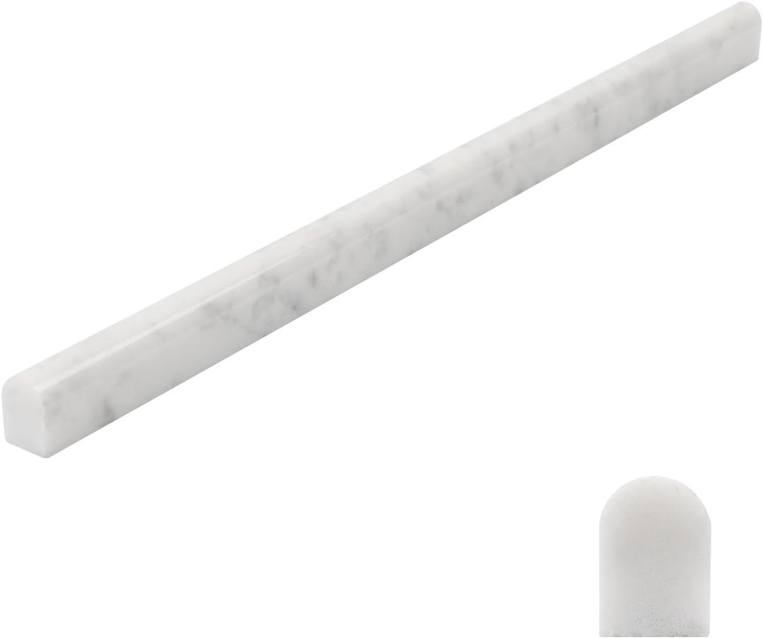 Adolif 15 Pack Carrara White Marble Pencil Trim Liner, 3/5"X12" Bullnose Tile Edge Trim Polished for Bathroom Kitchen Shower Livingroom