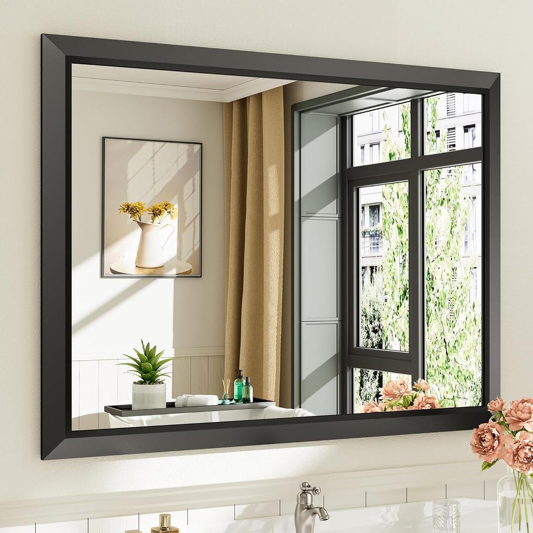 40x30 Inch Black Bathroom Mirror for Wall, Thick Metal Framed Rectangle Mirrors for Over Sink, Bedroom, Living Room, Entryway, Anti-Rust, HD Tempered Glass