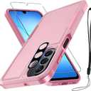 RMOCR Case for Samsung Galaxy A17 5G Phone Cover with Screen Protector+Camera Lens Cover,Military Grade Heavy Duty Shockproof PhoneCase with Wrist Lanyard Strap for Sam A17,Cute Pink