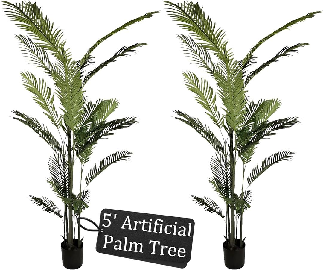 Artificial Tree 2-Pack, 5FT Real Touch Faux Indoor Trees with Weighted Pots, Lifelike Decorative Plants for Home, Office, Living Room, Bedroom & Entryway (Areca Palm-2pack)