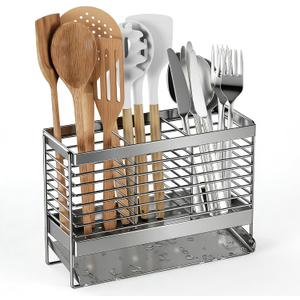 Utensil Holder, Upgrade Stainless Steel Utensil Drying Rack with Automatic Drain Tray for Kitchen Counter, Silverware Cutlery Organizer for Spoons, Forks, Knifes, Chopsticks (Silver)