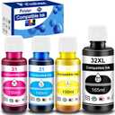 Pristar Compatible with HP 31 32XL Ink Bottle Set Compatible with HP Smart Tank 7301 7001 7602 5000 6001 5101 5102 5103 Plus 651 551 455 457 450 All-in-One Printer (165 ML 32XL Black Ink 100 ML 31 CMY