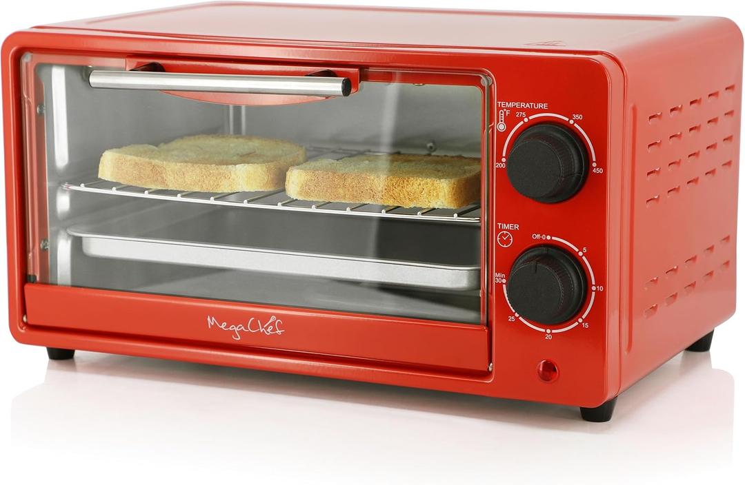 MegaChef 9.5 Quart Electric Counter Top 2 Slice Toaster Oven with Built in Timer, Bake, Broil, Toast (Candy Red) (Compact)