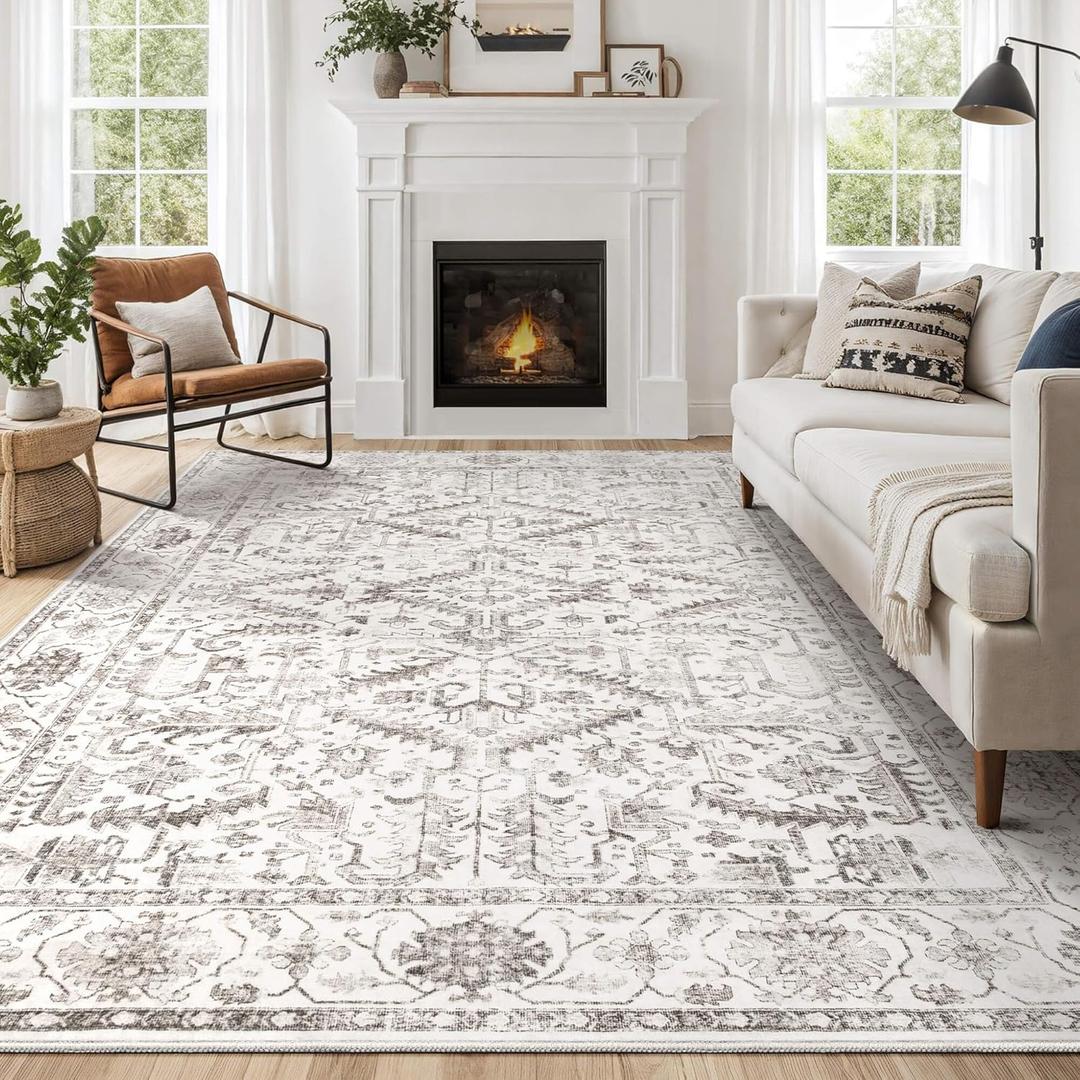 10x14 Area Rug for Living Room - Washable Soft Traditional Tribal Rug for Bedroom Dining Room Home Office, Non-Slip Stain Resistant Vintage Distressed Indoor Floor Carpet- White