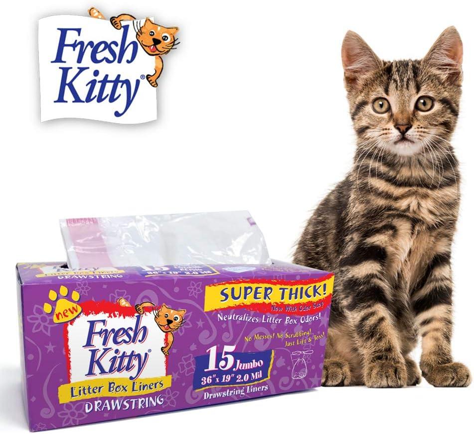 15 Count Fresh Kitty Litter Box Liners Super Thick, Durable, Easy Clean Up Jumbo Drawstring Scented Litter Pan Box Liners, Bags for Pet Cats (White/Pink)