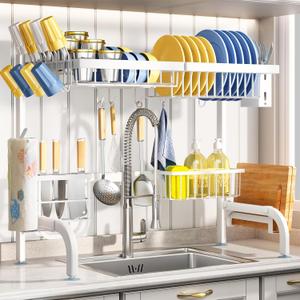 Over The Sink Dish Drying Rack, Adjustable (25.5 to 33.5 inch) 2 Tier Metal Steel Dish Drying Racks for Kitchen Counter with Hooks Paper Towel Utensil Cup Holder Sink Caddy (White)