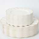 HIGH END 100 Pcs Ivory Wave Plastic Plates with Gold Trim, Fancy Disposable Plate Sets Include 50 Dinner & 50 Dessert Plastic Plates, Elegant Disposable Plate Set For Party, Thanksgiving (30 Guests)