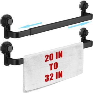 Gisafai 2 Pcs Extendable Suction Cup Towel Bar for Bathroom 20-32 Inches Towel Rack Shower Hanger Rod with Stickers Adjustable Long Holder for Glass Shower Door Wall Bath Kitchen(Matte Black)