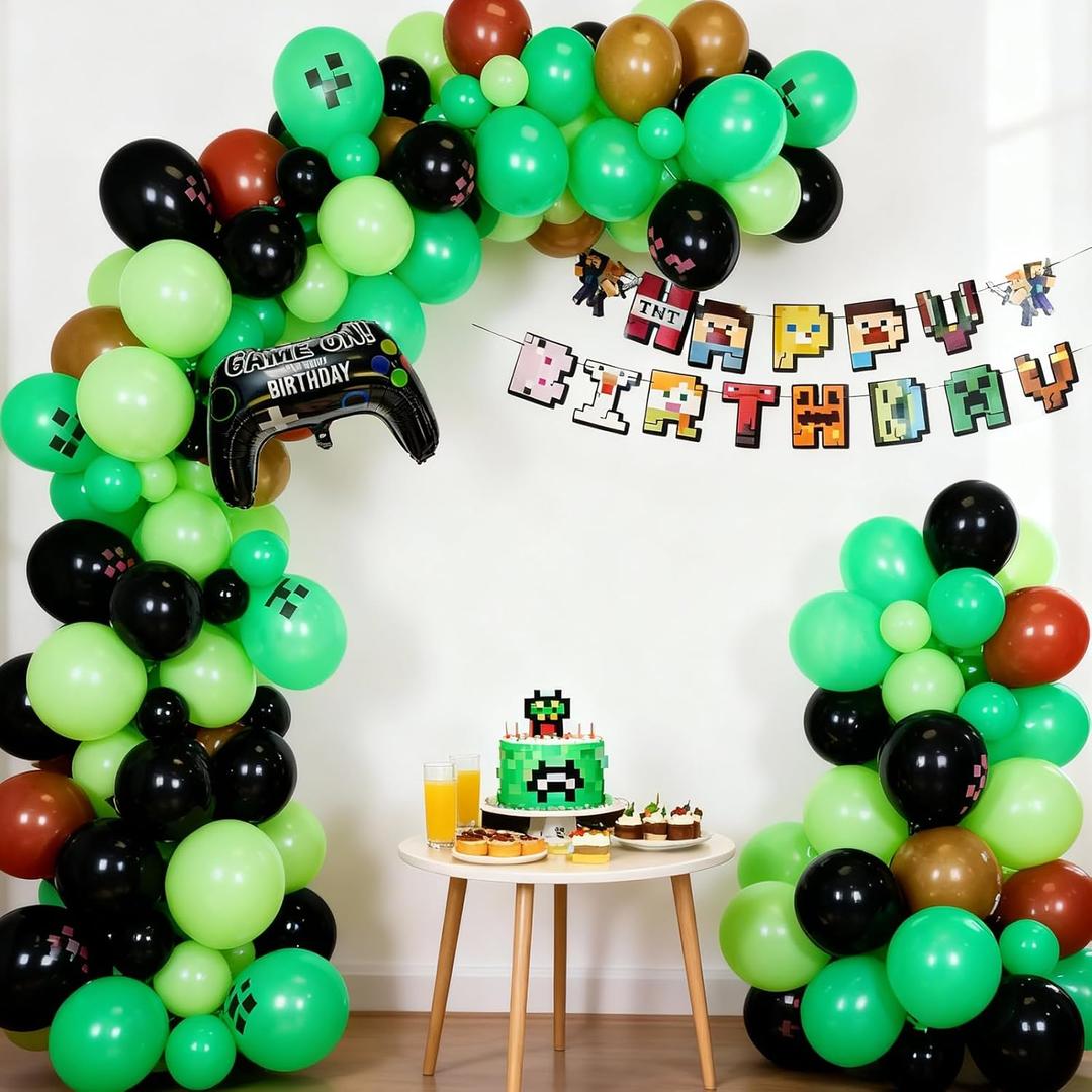 Pixel Balloon Arch Garland Kit - Miner Birthday Decorations Banner Black Green Brown Game Controller Mylar Balloons Miner Balloon Arch kit Pixel Game Birthday Party Decorations for Boys