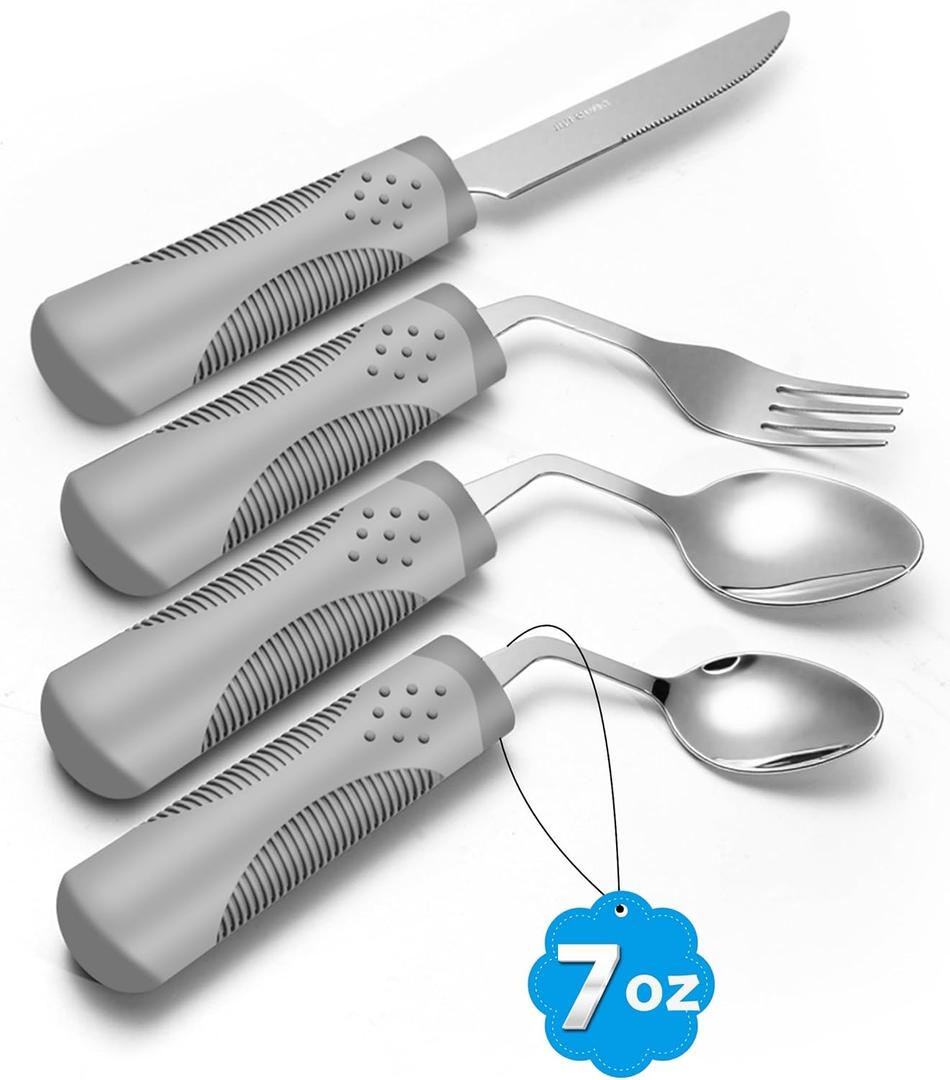 Adaptive Utensils (4-Piece Kitchen Set) Weighted 7 oz - 42 Angled Utensils for Parkinson's Patients, Hand Tremors, Arthritis & Elderly - Weighted Silverware for Hand Tremors (Left Handed)