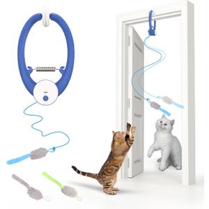Interactive Cat Toys Rechargeable, Feather Toy for Indoor Cat, Hanging Retractable Teaser Toy, Automatic Kitten Play Chase Exercise Toys with Three Plush Mouse, USB Powered (Blue)