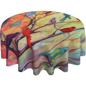 Colorful Birds Round Table Cloths 60 inch Decor, Spring Washable Table Cover Tablecloth for Indoor Kitchen Holiday