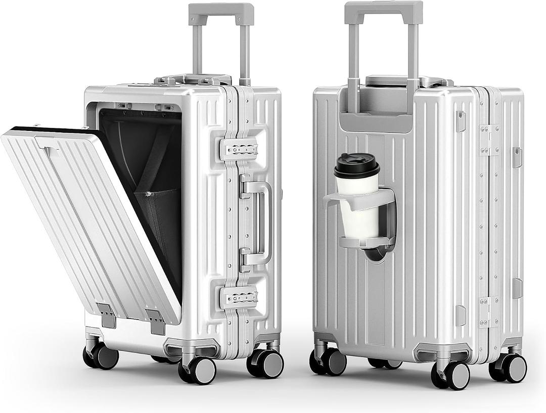 ALPHA CAMP 20 Inch Aluminum Frame Carry-On Luggage, Front Opening Hardside Carry on Suitcase with Quick-Access Front Compartment, Airline Approved with TSA Lock, USB&Type-C Ports, Cup Holder, Silver