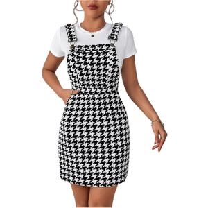 Milumia Women's Houndstooth Print Adjustable Straps Short Overall Dresses (Black and White) S