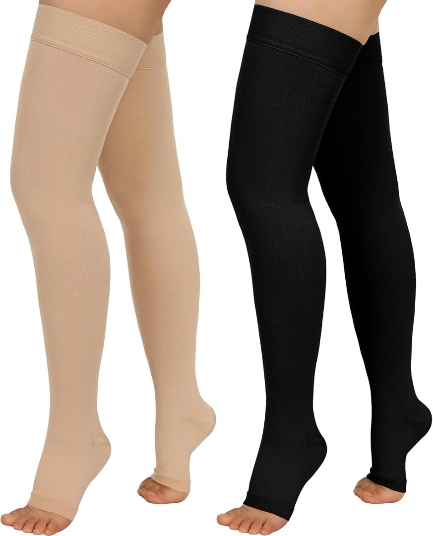 2 Pairs Compression Stockings for Women & Men, 20-30mmHg Thigh High Compression Socks, Open Toe Medical Compression Socks with Silicone Dot Band-Best Support for Nursing Sports Varicose Veins