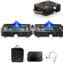 2 Burner Propane Stove with Grill, 18,000 BTU, Portable Camping Stove, Foldable Camp Stove, Gas Stove with 2 Adjustable Burners, Piezo Ignition & Easy Carrying Handle (Black)